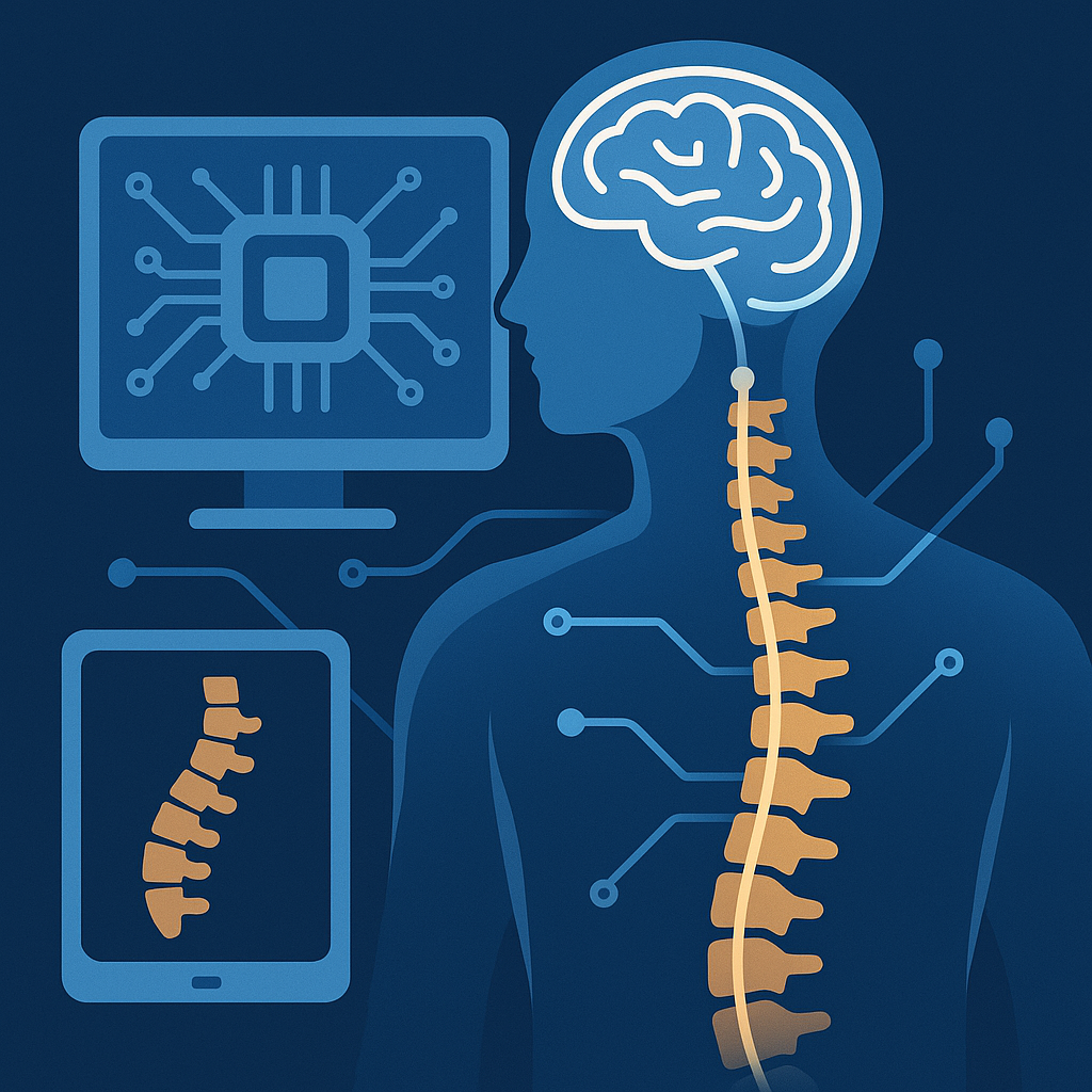 Equipe médica com tecnologia e foco em coluna
